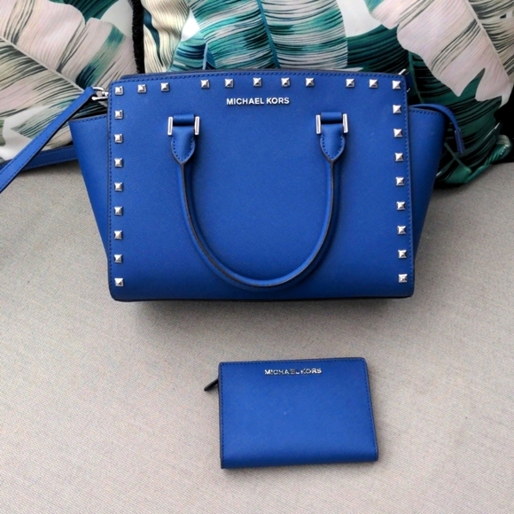 Michael Kors MD Studded TZ Satchel Handbag with Wallet Blue - Picture 1 of 12